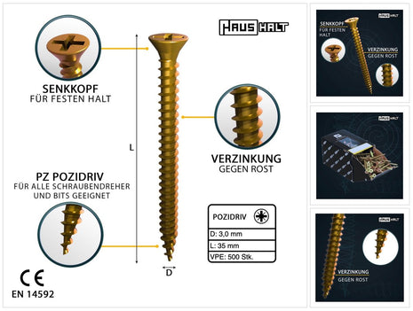 HausHalt Universal Holzbauschraube Holzschraube 3,0 x 35 mm PZ1 500 Stk. ( 000051371128 ) gelb verzinkt Kreuzschlitz Pozidriv Senkkopf Vollgewinde - Toolbrothers