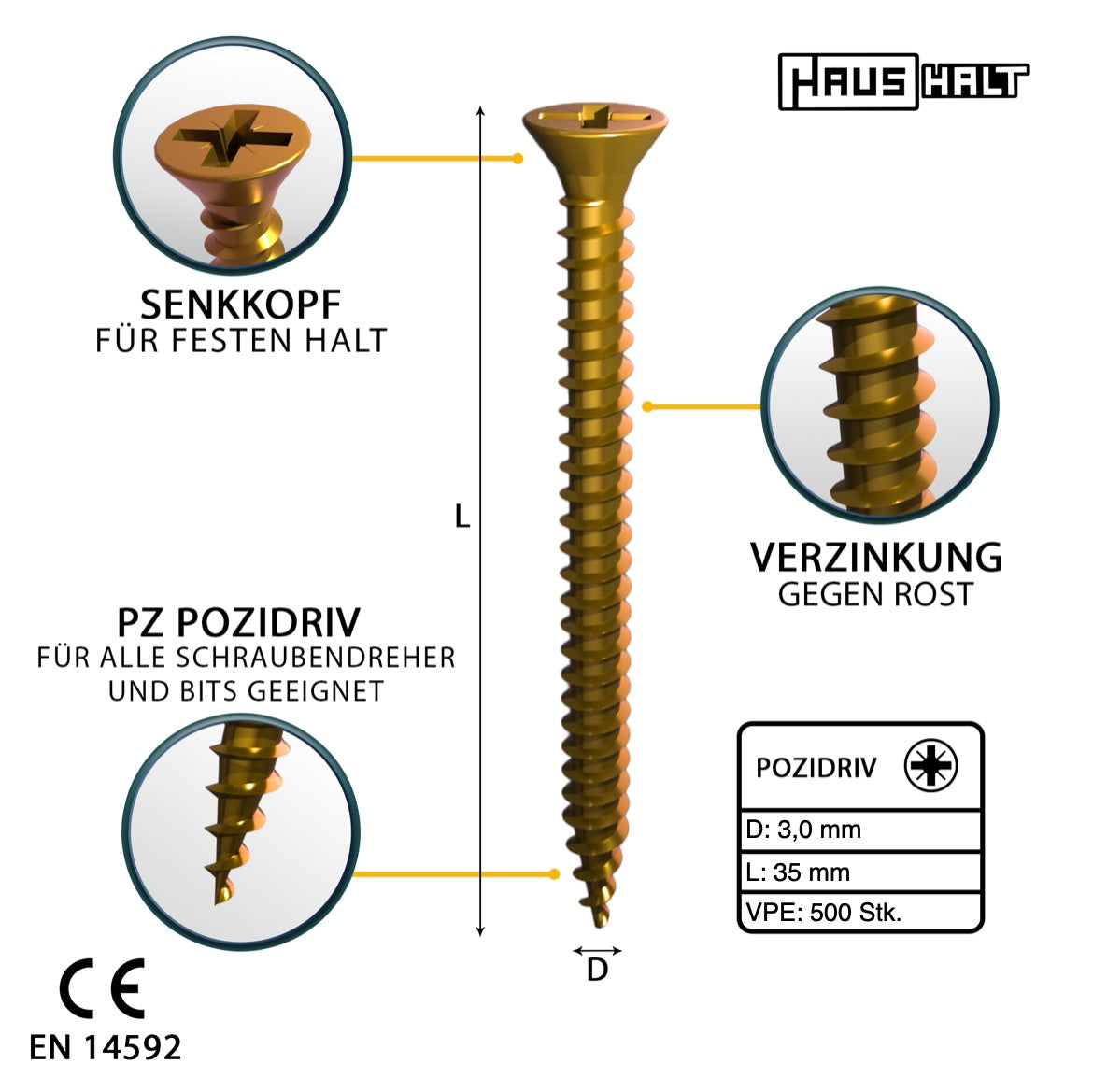 HausHalt Universal Holzbauschraube Holzschraube 3,0 x 35 mm PZ1 500 Stk. ( 000051371128 ) gelb verzinkt Kreuzschlitz Pozidriv Senkkopf Vollgewinde - Toolbrothers