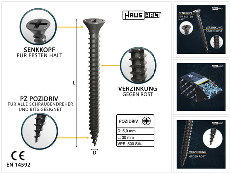 HausHalt Universal Holzbauschraube Holzschraube 5,0 x 30 mm PZ2 500 Stk. ( 000051371189 ) silber verzinkt Kreuzschlitz Pozidriv Senkkopf Vollgewinde - Toolbrothers