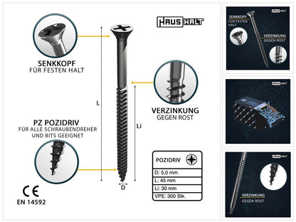 HausHalt Universal Holzbauschraube Holzschraube 5,0 x 45 mm PZ2 300 Stk. ( 000051371196 ) silber verzinkt Kreuzschlitz Pozidriv Senkkopf Teilgewinde - Toolbrothers