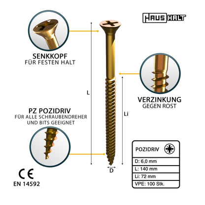 HausHalt Universal Holzbauschraube Holzschraube 6,0 x 140 mm PZ3 100 Stk. ( 000051371217 ) gelb verzinkt Kreuzschlitz Pozidriv Senkkopf Teilgewinde - Toolbrothers