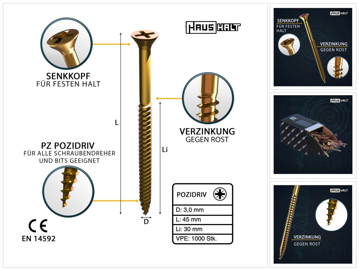 HausHalt Universal Holzbauschraube Holzschraube 3,0 x 45 mm PZ1 1000 Stk. ( 2x 000051371129 ) gelb verzinkt Kreuzschlitz Pozidriv Senkkopf Teilgewinde - Toolbrothers