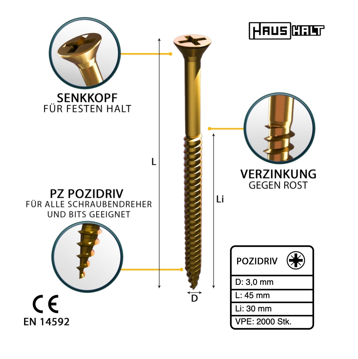 HausHalt Universal Holzbauschraube Holzschraube 3,0 x 45 mm PZ1 2000 Stk. ( 4x 000051371129 ) gelb verzinkt Kreuzschlitz Pozidriv Senkkopf Teilgewinde - Toolbrothers