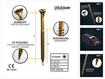 HausHalt Universal Holzbauschraube Holzschraube 3,0 x 45 mm PZ1 2000 Stk. ( 4x 000051371129 ) gelb verzinkt Kreuzschlitz Pozidriv Senkkopf Teilgewinde - Toolbrothers