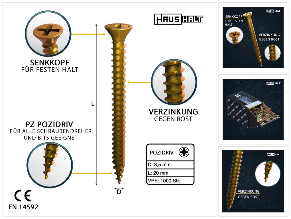 HausHalt Universal Holzbauschraube Holzschraube 3,5 x 20 mm PZ2 1000 Stk. ( 2x 000051371132 ) gelb verzinkt Kreuzschlitz Pozidriv Senkkopf Vollgewinde - Toolbrothers