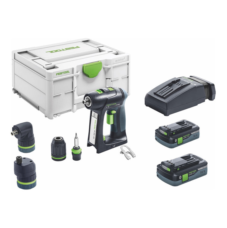 Festool C 18 HPC 4,0 l-Set Akku Bohrschrauber 18 V 45 Nm Brushless ( 576992 ) + 2x Akku 4,0 Ah + Ladegerät + Exzentervorsatz + Winkelvorsatz + Systainer