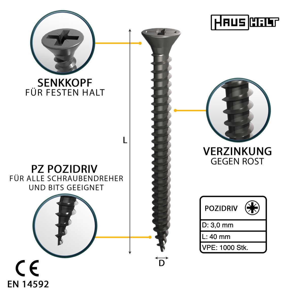 HausHalt Universal Holzbauschraube Holzschraube 3,0 x 40 mm PZ1 1000 Stk. ( 2x 000051371100 ) silber verzinkt Kreuzschlitz Pozidriv Senkkopf Vollgewinde - Toolbrothers