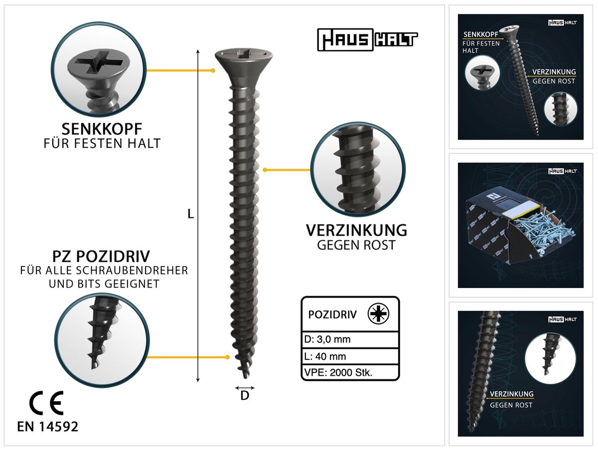 HausHalt Universal Holzbauschraube Holzschraube 3,0 x 40 mm PZ1 2000 Stk. ( 4x 000051371100 ) silber verzinkt Kreuzschlitz Pozidriv Senkkopf Vollgewinde - Toolbrothers