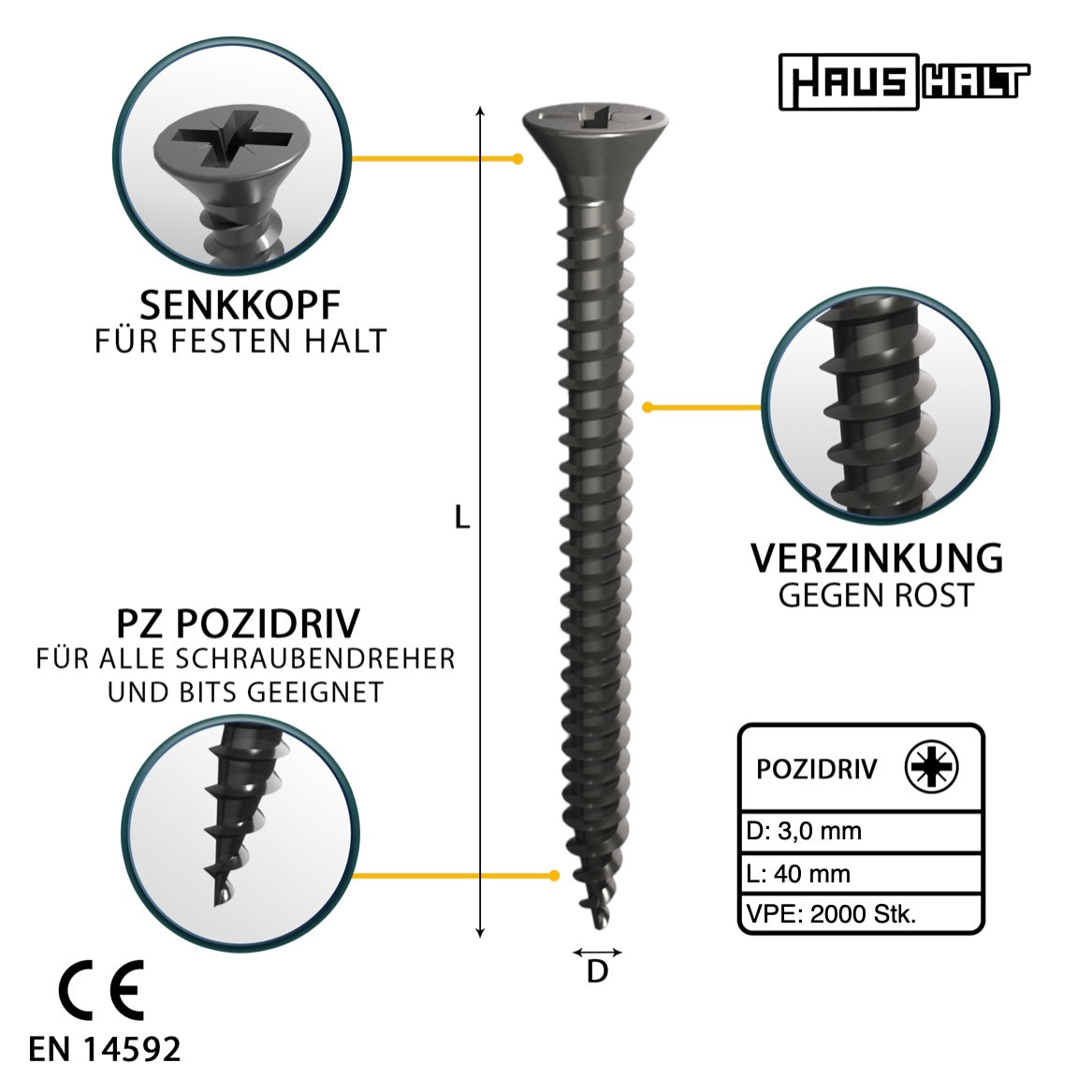 HausHalt Universal Holzbauschraube Holzschraube 3,0 x 40 mm PZ1 2000 Stk. ( 4x 000051371100 ) silber verzinkt Kreuzschlitz Pozidriv Senkkopf Vollgewinde - Toolbrothers