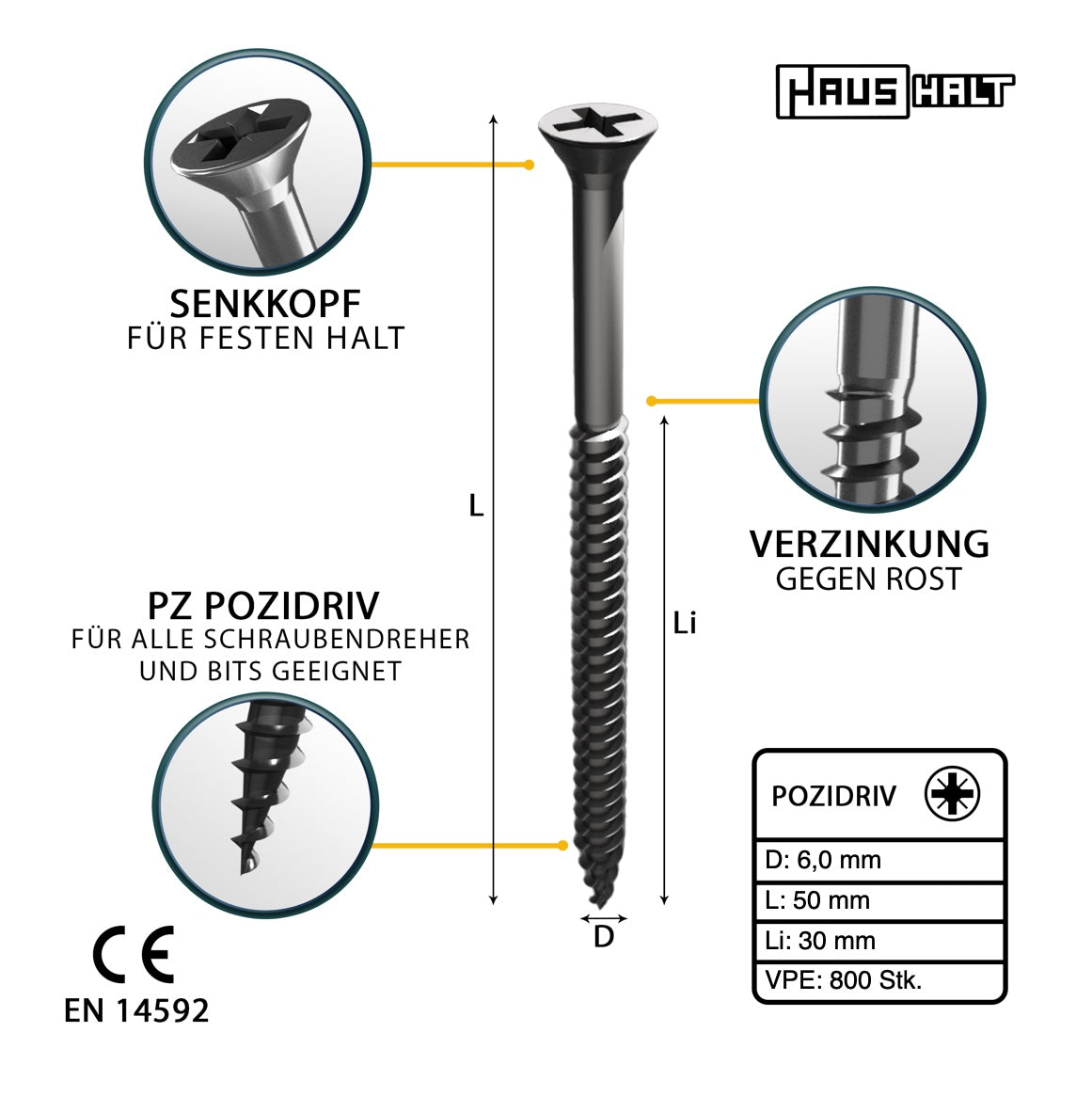 HausHalt Universal Holzbauschraube Holzschraube 6,0 x 50 mm PZ3 800 Stk. ( 4x 000051371227 ) silber verzinkt Kreuzschlitz Pozidriv Senkkopf Teilgewinde - Toolbrothers