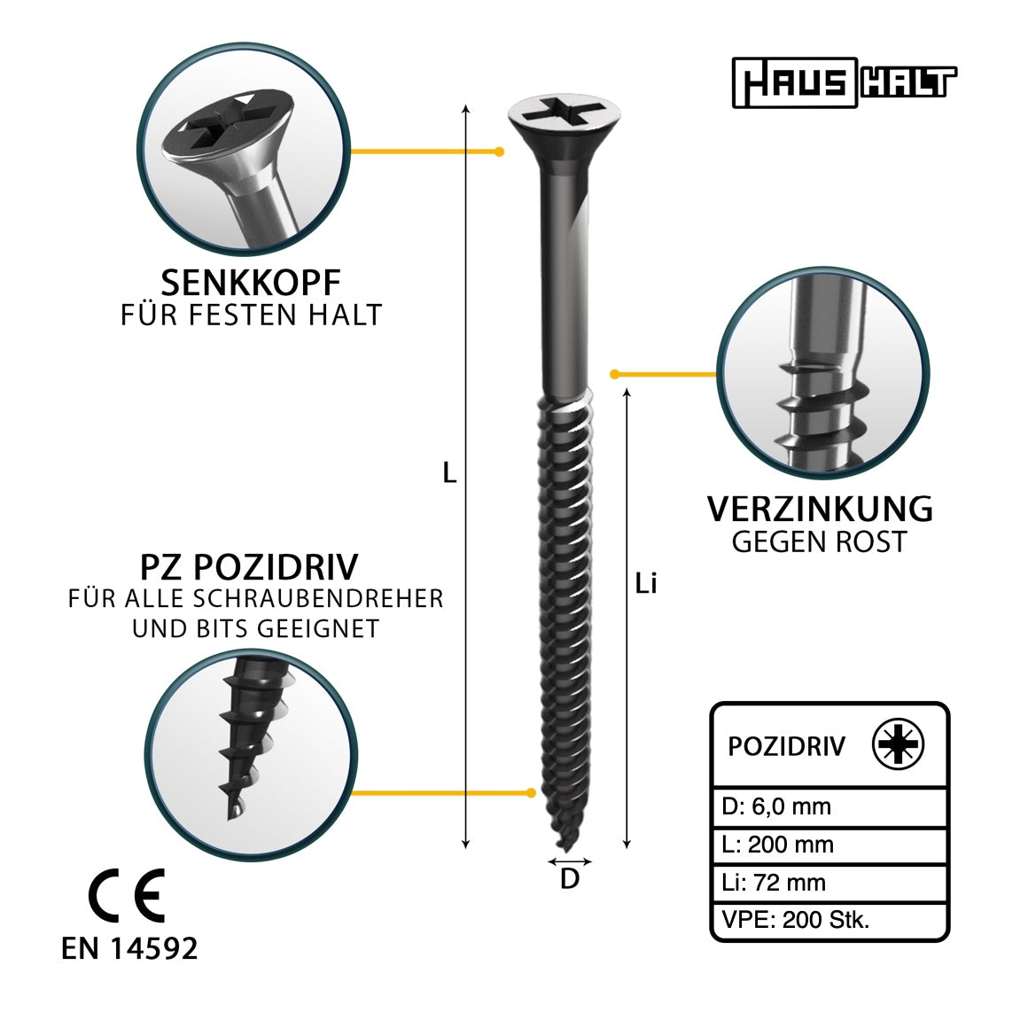 HausHalt Universal Holzbauschraube Holzschraube 6,0 x 200 mm PZ3 200 Stk. ( 2x 000051371223 ) silber verzinkt Kreuzschlitz Pozidriv Senkkopf Teilgewinde - Toolbrothers