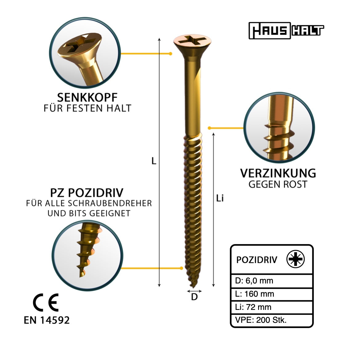 HausHalt Universal Holzbauschraube Holzschraube 6,0 x 160 mm PZ3 200 Stk. ( 2x 000051371220 ) gelb verzinkt Kreuzschlitz Pozidriv Senkkopf Teilgewinde - Toolbrothers