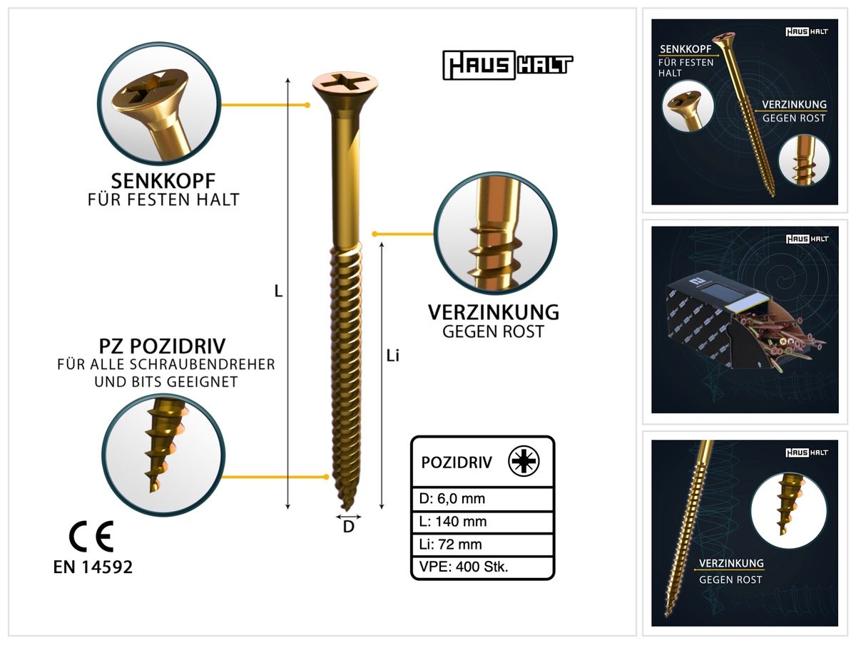 HausHalt Universal Holzbauschraube Holzschraube 6,0 x 140 mm PZ3 400 Stk. ( 4x 000051371217 ) gelb verzinkt Kreuzschlitz Pozidriv Senkkopf Teilgewinde - Toolbrothers