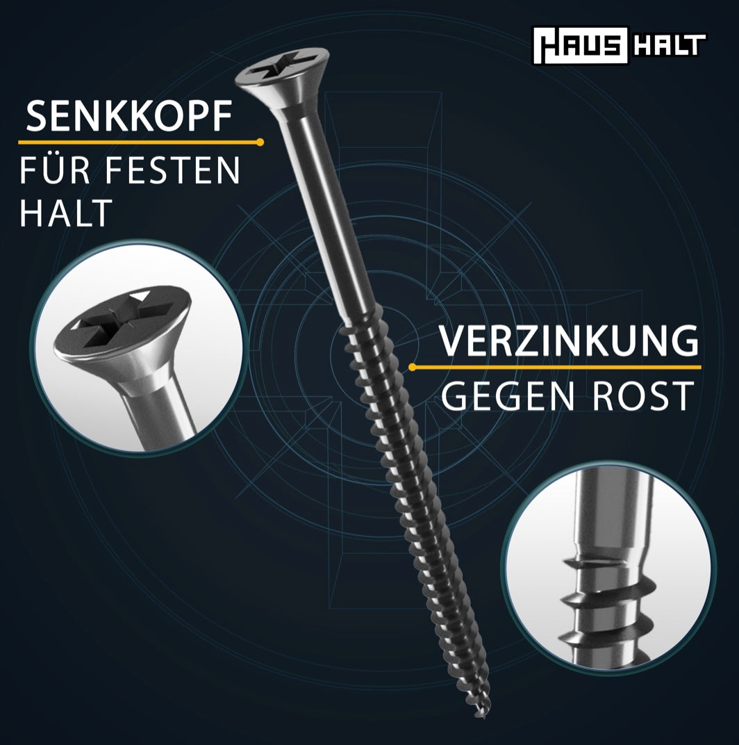 HausHalt Universal Holzbauschraube Holzschraube 5,0 x 45 mm PZ2 1200 Stk. ( 4x 000051371196 ) silber verzinkt Kreuzschlitz Pozidriv Senkkopf Teilgewinde - Toolbrothers