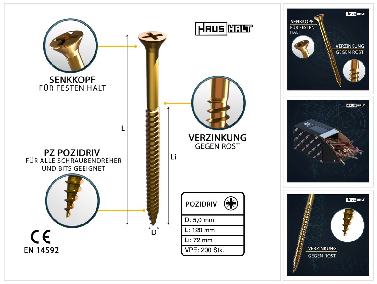 HausHalt Universal Holzbauschraube Holzschraube 5,0 x 120 mm PZ2 200 Stk. ( 2x 000051371186 ) gelb verzinkt Kreuzschlitz Pozidriv Senkkopf Teilgewinde - Toolbrothers