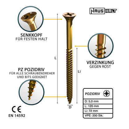 HausHalt Universal Holzbauschraube Holzschraube 5,0 x 120 mm PZ2 200 Stk. ( 2x 000051371186 ) gelb verzinkt Kreuzschlitz Pozidriv Senkkopf Teilgewinde - Toolbrothers