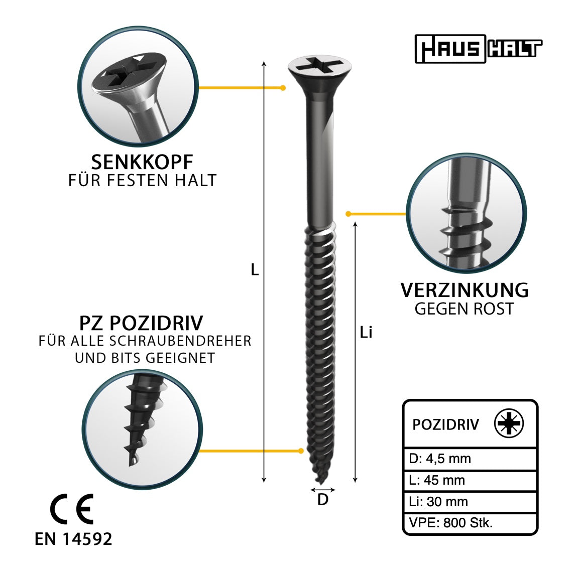 HausHalt Universal Holzbauschraube Holzschraube 4,5 x 45 mm PZ2 800 Stk. ( 2x 000051371170 ) silber verzinkt Kreuzschlitz Pozidriv Senkkopf Teilgewinde - Toolbrothers