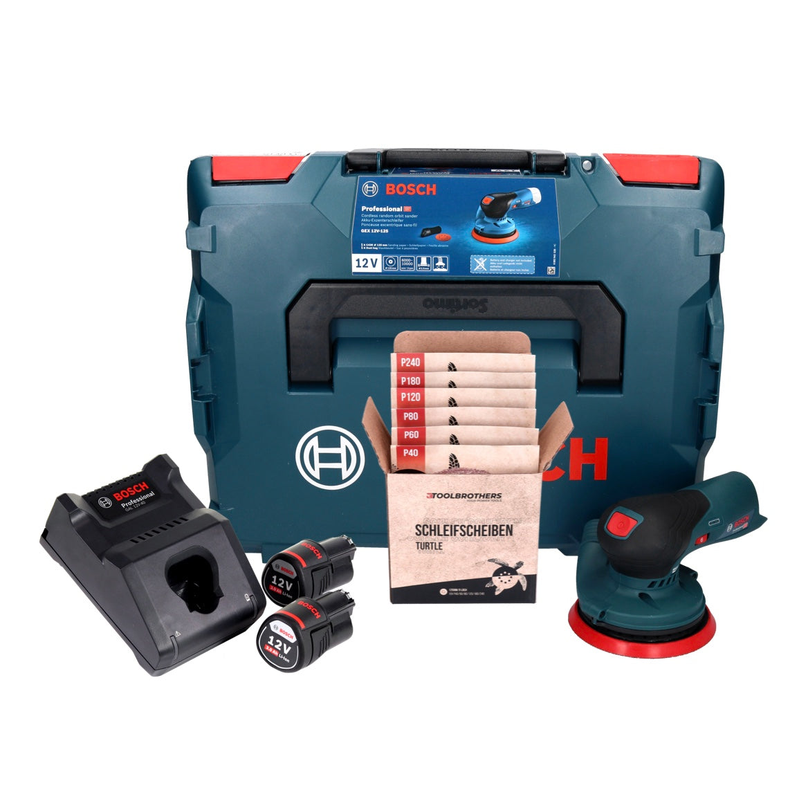 Bosch GEX 12V-125 Professional Akku Exzenterschleifer 12 V 125 mm Brushless + 2x Akku 3,0 Ah + Ladegerät + Toolbrothers TURTLE Schleifset + L-Boxx