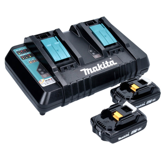 Kit source d'alimentation Makita 18 V avec 2 batteries BL 1820 B 2,0 Ah (2x 197254-9) + chargeur rapide double DC 18 RD (196933-6)