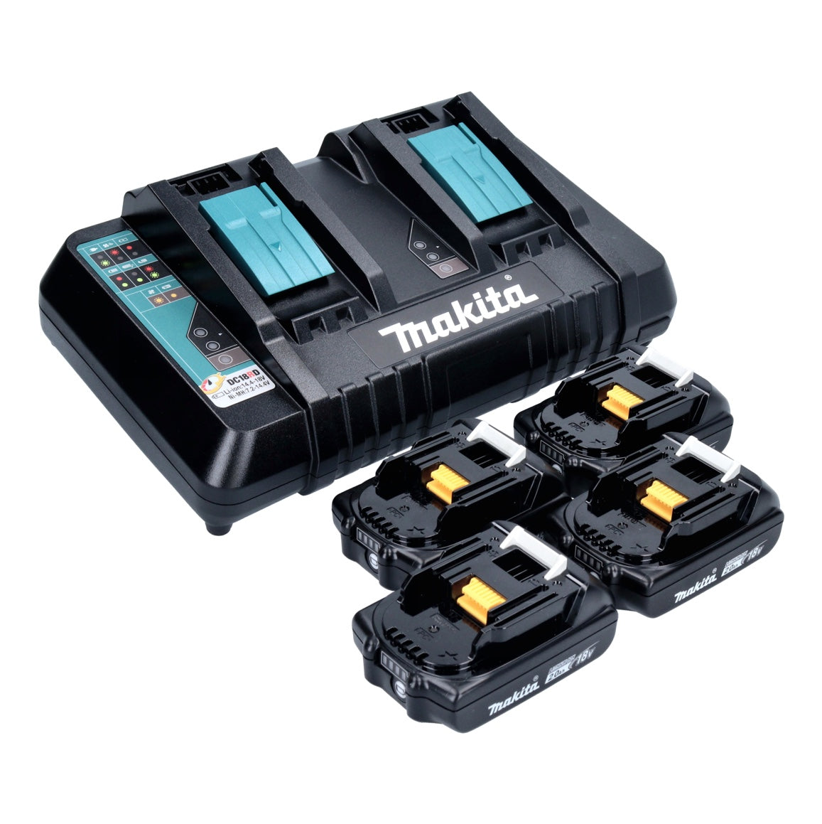 Kit source d'alimentation Makita 18 V avec 4 batteries BL 1820 B 2,0 Ah (4x 197254-9) + chargeur rapide double DC 18 RD (196933-6)