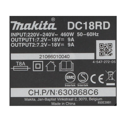 Kit source d'alimentation Makita 18 V avec 4 batteries BL 1820 B 2,0 Ah (4x 197254-9) + chargeur rapide double DC 18 RD (196933-6)