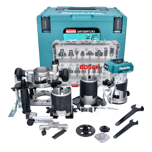 Makita DRT 50 ZJX3 Akku Multifunktionsfräse 18 V Brushless + Fräsmodule + 15 tlg. Fräser Set + Makpac - ohne Akku, ohne Ladegerät