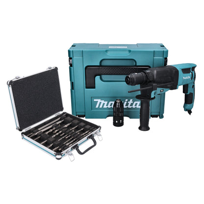 Makita HR 2630 TJ Kombihammer 800 W 2,4 J SDS Plus + Schnellspannfutter + 13 tlg. Bohrer und Meißel Set + Makpac