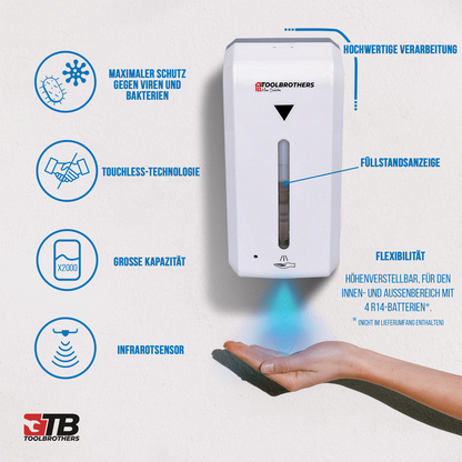 Toolbrothers kontaktloser automatischer Desinfektionsspender Sensor zur Wandmontage, 1000ml Tank, Netz- und Batteriebetrieb für öffentliche Einrichtungen - Toolbrothers