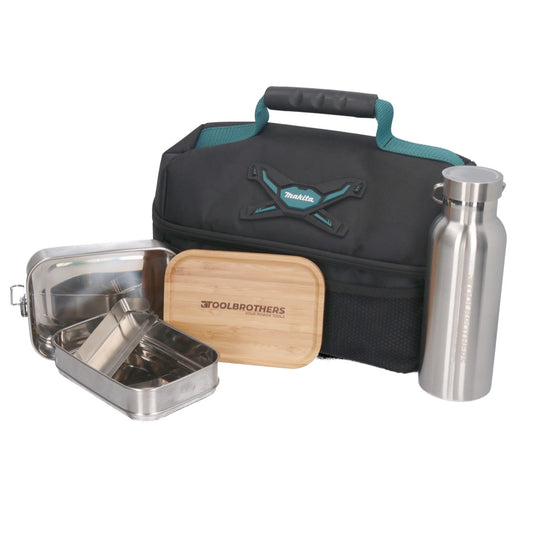 Toolbrothers Lunchpaket mit Makita Isoliertasche + Toolbrothers Fan Edelstahl Brotdose mit 2 Etagen und Bambus Decke 1340 ml + Edelstahl Trinkflasche 500 ml - Toolbrothers