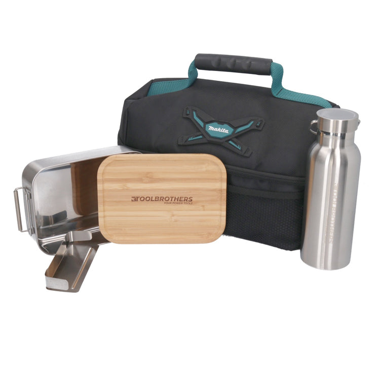Toolbrothers Lunchpaket mit Makita Isoliertasche + Toolbrothers Fan Edelstahl Brotdose mit Bambus Deckel 1200 ml + Edelstahl Trinkflasche 500 ml - Toolbrothers