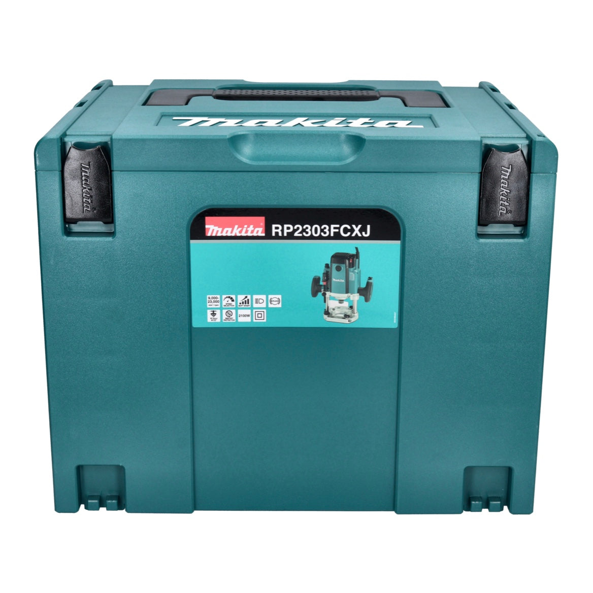 Makita RP 2303 FCXJ Oberfräse 2100 Watt 70 mm Hub + Anschlag + 6 tlg. Fräser Set + Makpac