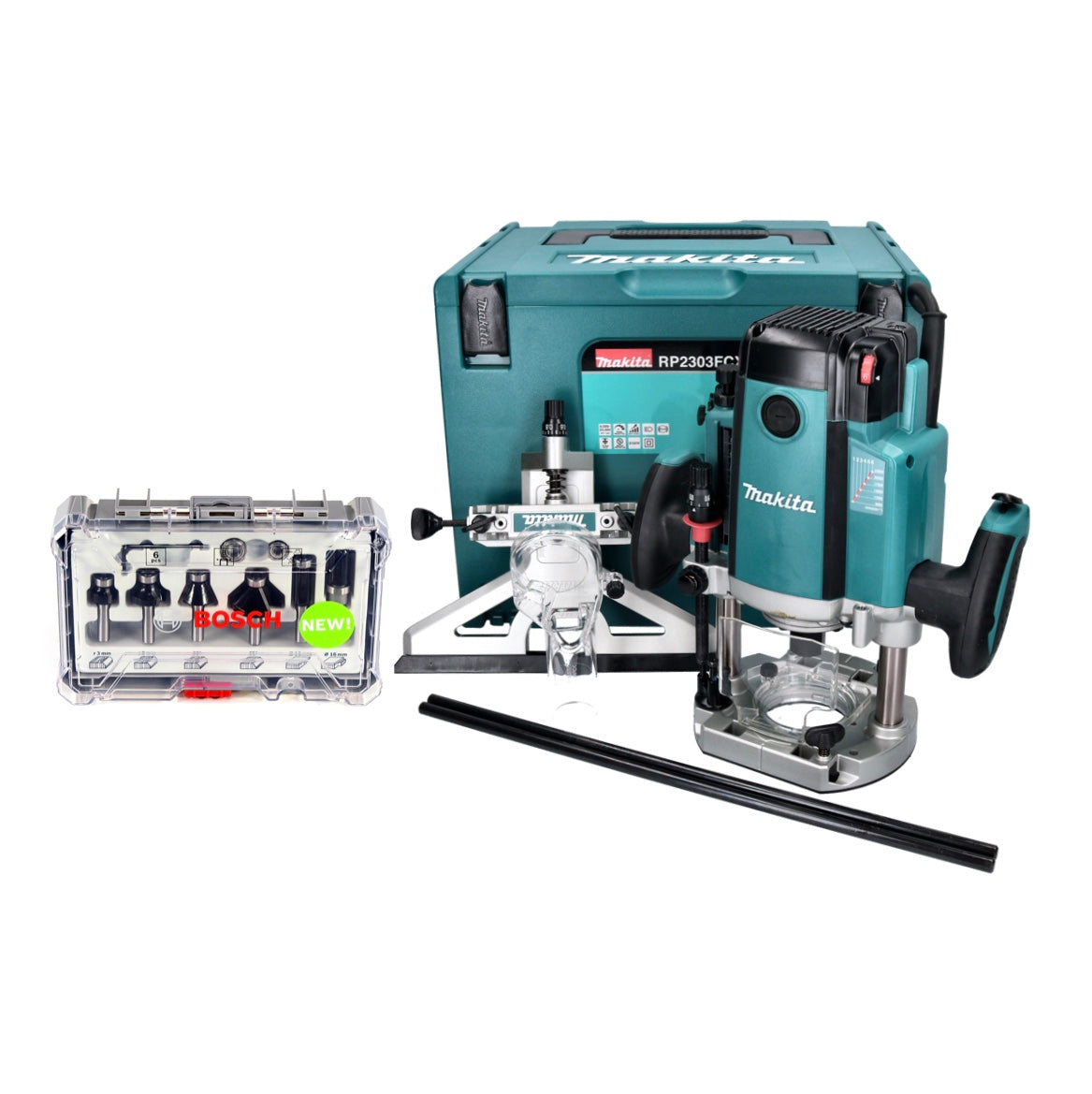 Makita RP 2303 FCXJ Oberfräse 2100 Watt 70 mm Hub + Anschlag + 6 tlg. Fräser Set + Makpac