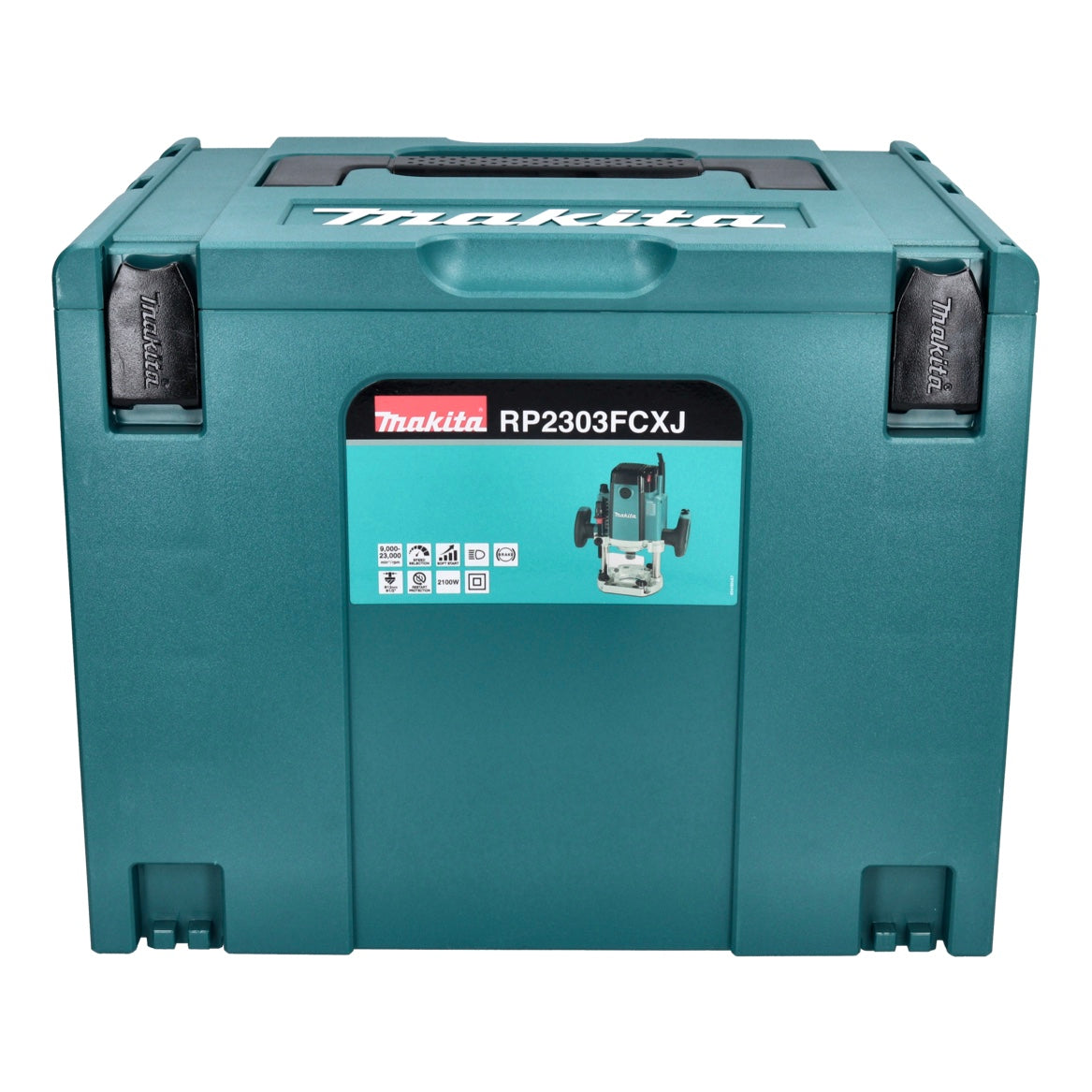 Makita RP 2303 FCXJ Oberfräse 2100 Watt 70 mm Hub + Anschlag + 6 tlg. Fräser Set + Makpac