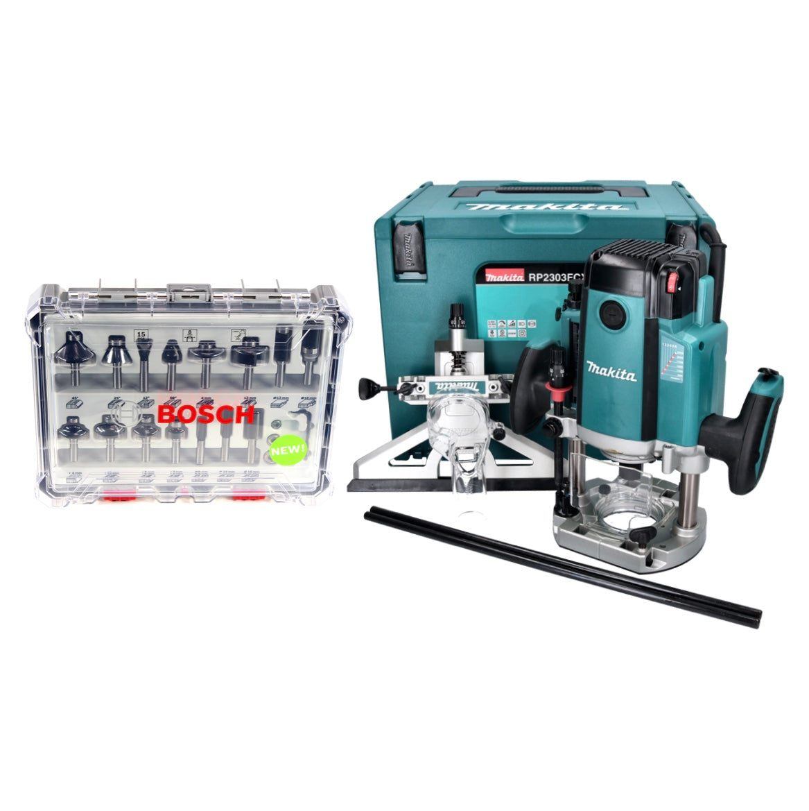 Makita RP 2303 FCXJ Oberfräse 2100 Watt 70 mm Hub + Anschlag + 15 tlg. Fräser Set + Makpac