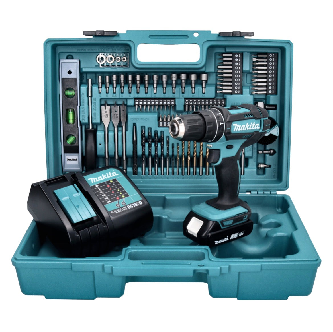 Makita DHP 482 SAX5 perceuse à percussion sans fil 18 V 62 Nm + 1 batterie 2,0 Ah + chargeur + jeu d'accessoires 101 pièces + mallette