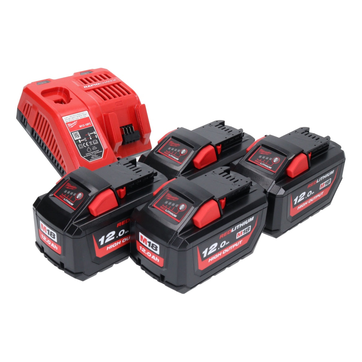 Milwaukee M18 NRG-1204 Akku Starter Set 4x 18 V 12,0 Ah / 12000 mAh Li-Ion Akku ( 4x 4932464260 ) + M12-18 FC Schnell Ladegerät ( 4932451079 ) - Toolbrothers