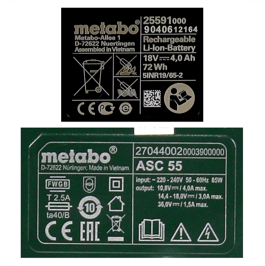 Kit de base Metabo 2x batterie Li-Power 18 V 4,0 Ah CAS batterie Li-Ion + chargeur ASC 55 (685050000)