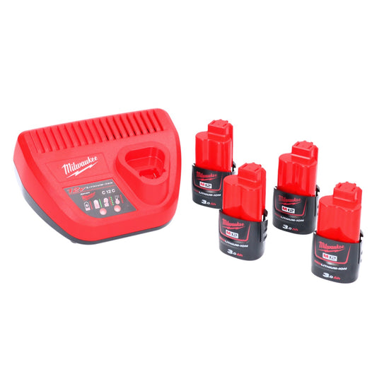 Kit de démarrage de batterie Milwaukee M12 NRG-304 4x batterie Li-Ion 12 V 3,0 Ah / 3000 mAh (4x 4932451388) + chargeur M12-C12C (4932352000)