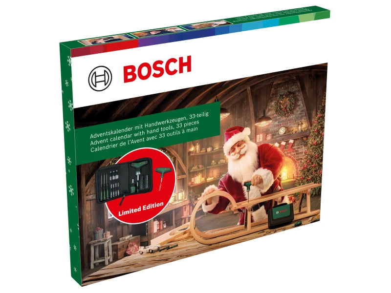 Bosch Handwerkzeug-Adventskalender 2024, 33-teilig (Werkzeug-Set mit Bit-Ratschenschraubendreher T-Griff, Präzisionsschraubendreher, Bit-Schraubendreher Stubby, Zubehör, Korkenzieher, Tasche)