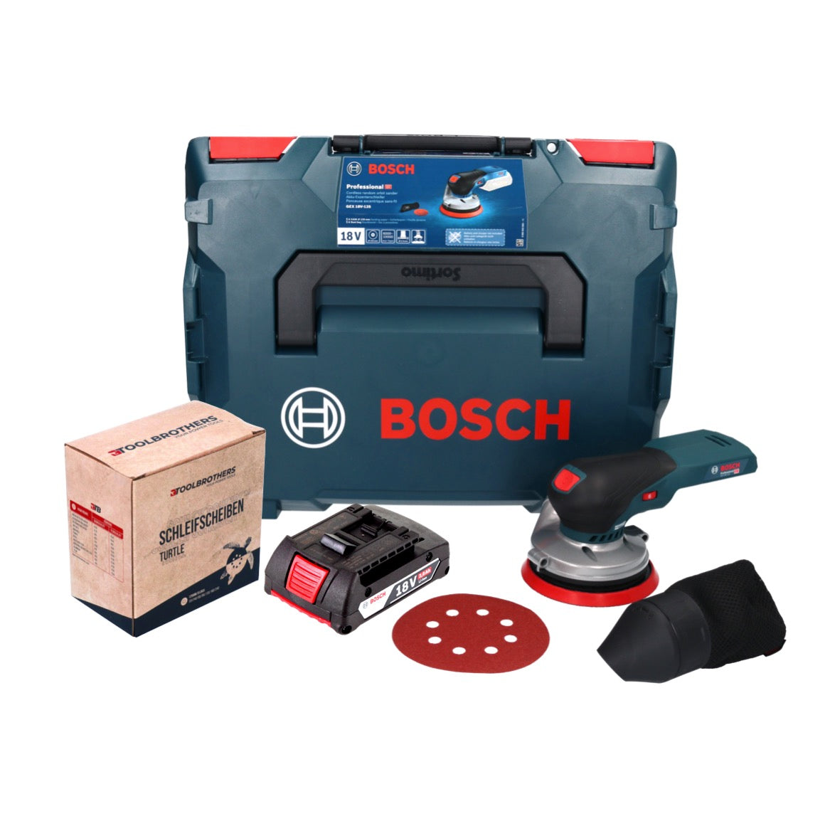 Bosch GEX 18V-125 Professional Akku Exzenterschleifer 18 V 125 mm Brushless + 1x Akku 2,0 Ah + 1x Toolbrothers TURTLE Schleifset + L-BOXX - ohne Ladegerät