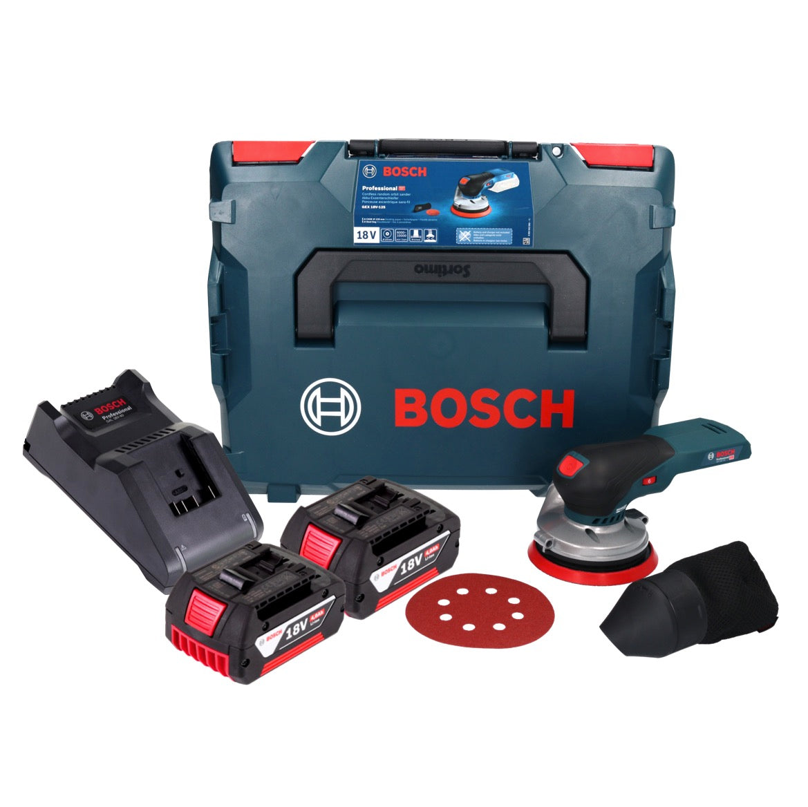 Bosch GEX 18V-125 Ponceuse excentrique à batterie professionnelle 18 V 125 mm sans balais + 2x batterie 4,0 Ah + chargeur + L-BOXX