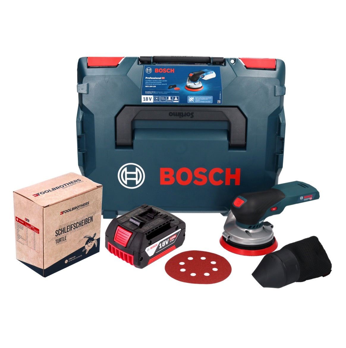 Bosch GEX 18V-125 Ponceuse excentrique professionnelle sur batterie 18 V 125 mm sans balais + 1x batterie 4,0 Ah + 1x kit de ponçage Toolbrothers TURTLE + L-BOXX - sans chargeur