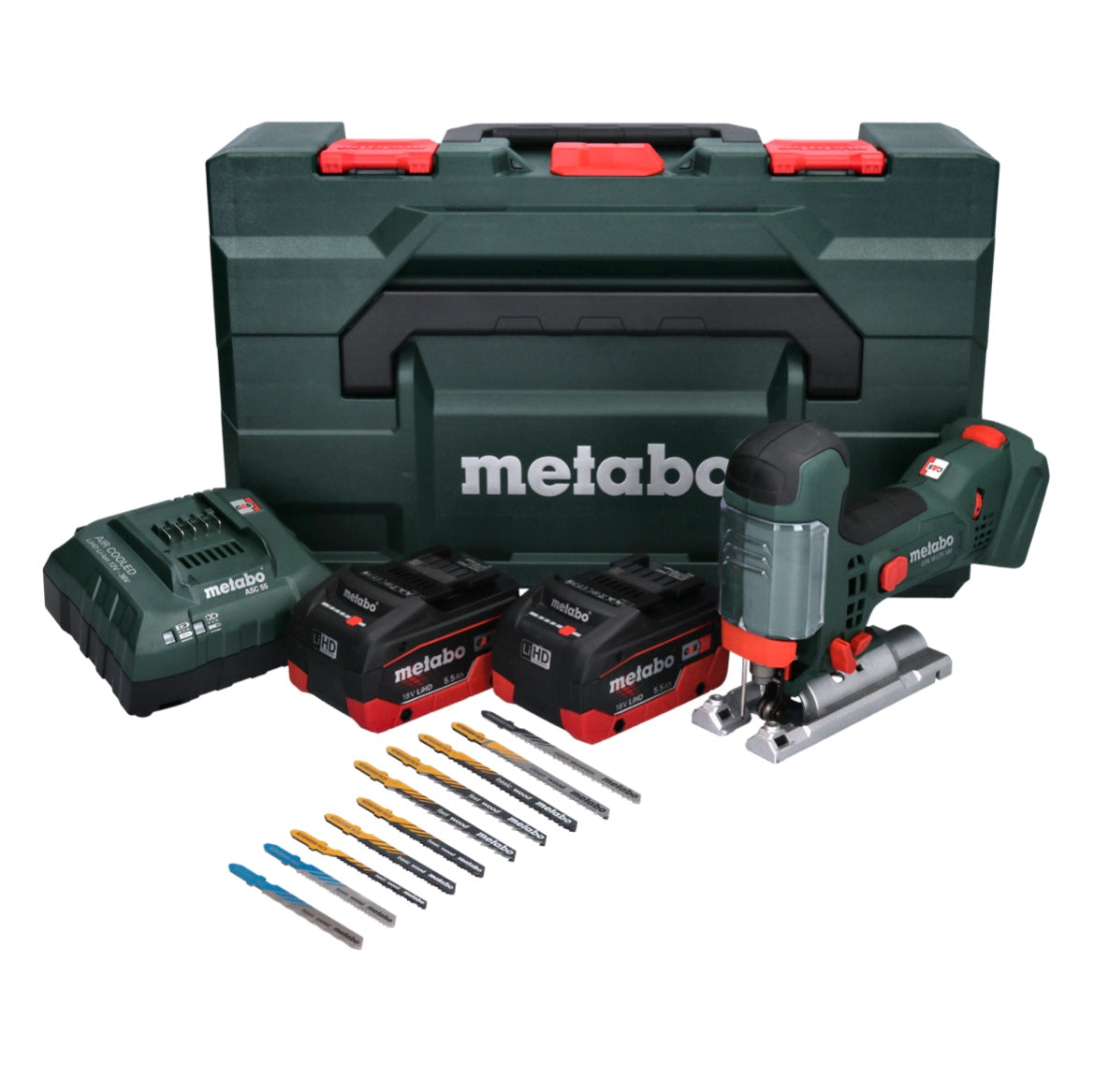 Metabo STA 18 LTX 100 Akku Stichsäge 18 V + 2x Akku 5,5 Ah + Ladegerät + 10 tlg. Stichsägeblatt Set + metaBOX - Toolbrothers