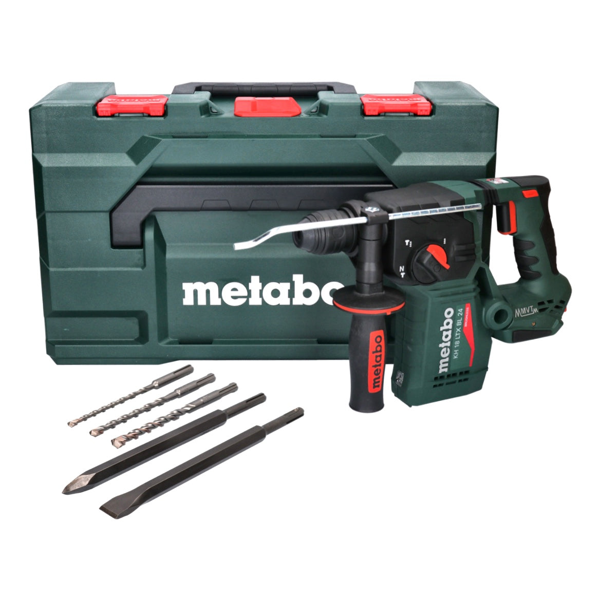 Metabo KH 18 LTX BL 24 Akku Bohrhammer 18 V 2,2 J SDS Plus Brushless + 5 tlg. Bohrer und Meißel Set + metaBOX - ohne Akku, ohne Ladegerät