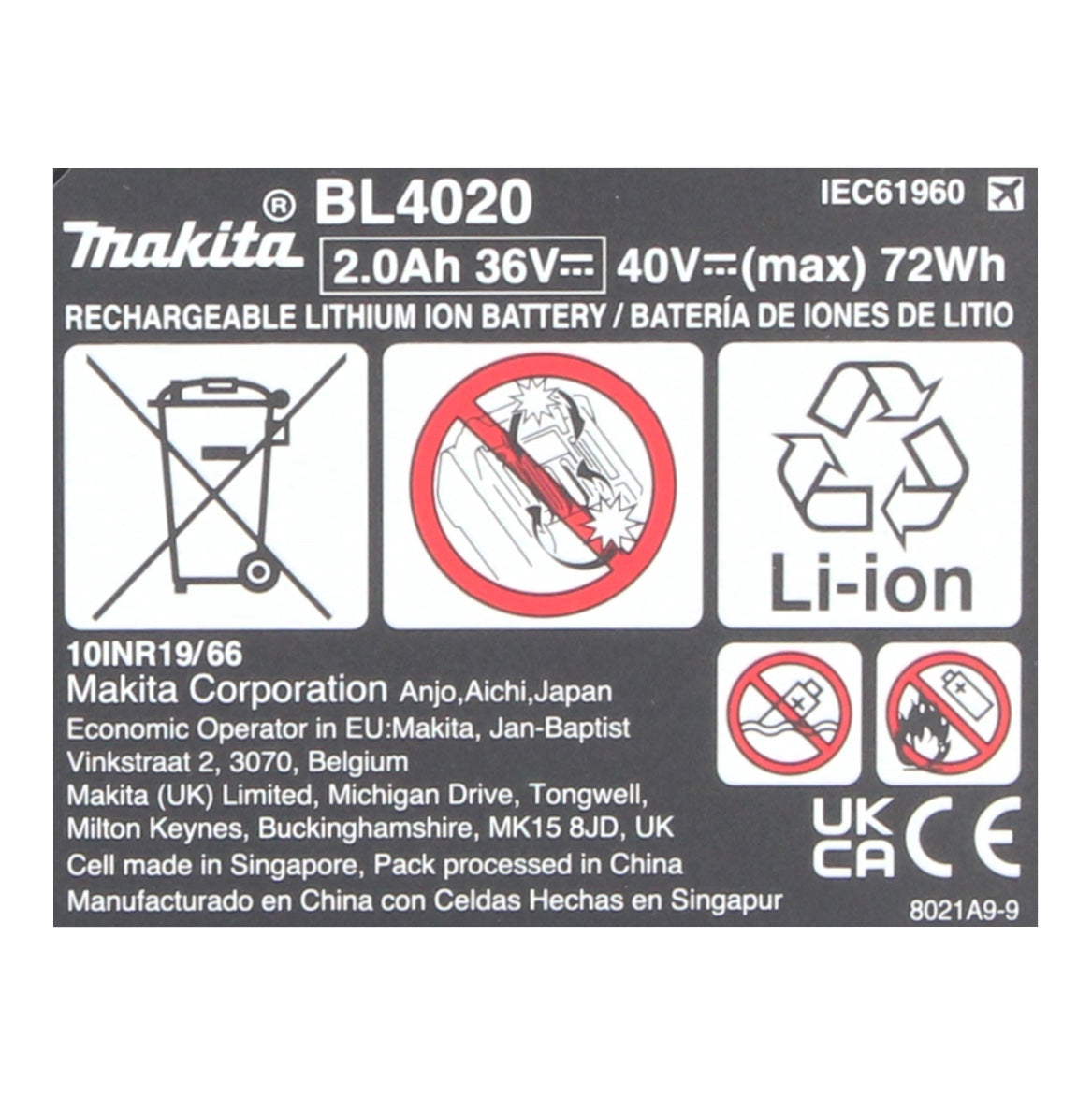 Makita BL 4020 Li-Ion Akku 40 V max. 2,0 Ah XGT ( 191L29-0 ) IP64 Schutzklasse mit LED Anzeige