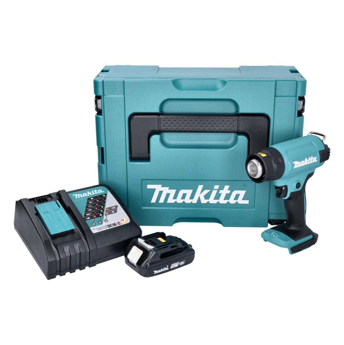 Makita DHG 180 RA1J Akku Heißluftgebläse 18 V 550 °C + 1x Akku 2,0 Ah + Ladegerät + Makpac