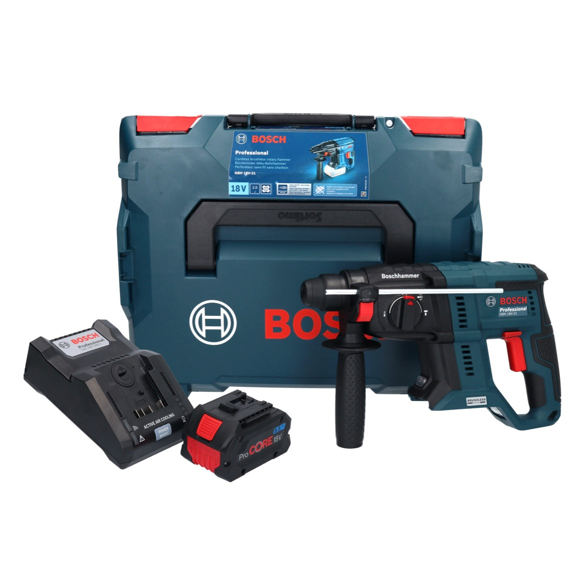 Bosch GBH 18V-21 Professional Akku Bohrhammer 18 V 2,0 J Brushless + 1x ProCORE Akku 5,5 Ah + Ladegerät + L-Boxx