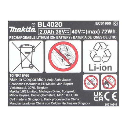 Jeu de batteries Makita 2x batterie Li-Ion BL 4020 40 V max. 2,0 Ah XGT (2x 191L29-0) classe de protection IP64 avec affichage LED