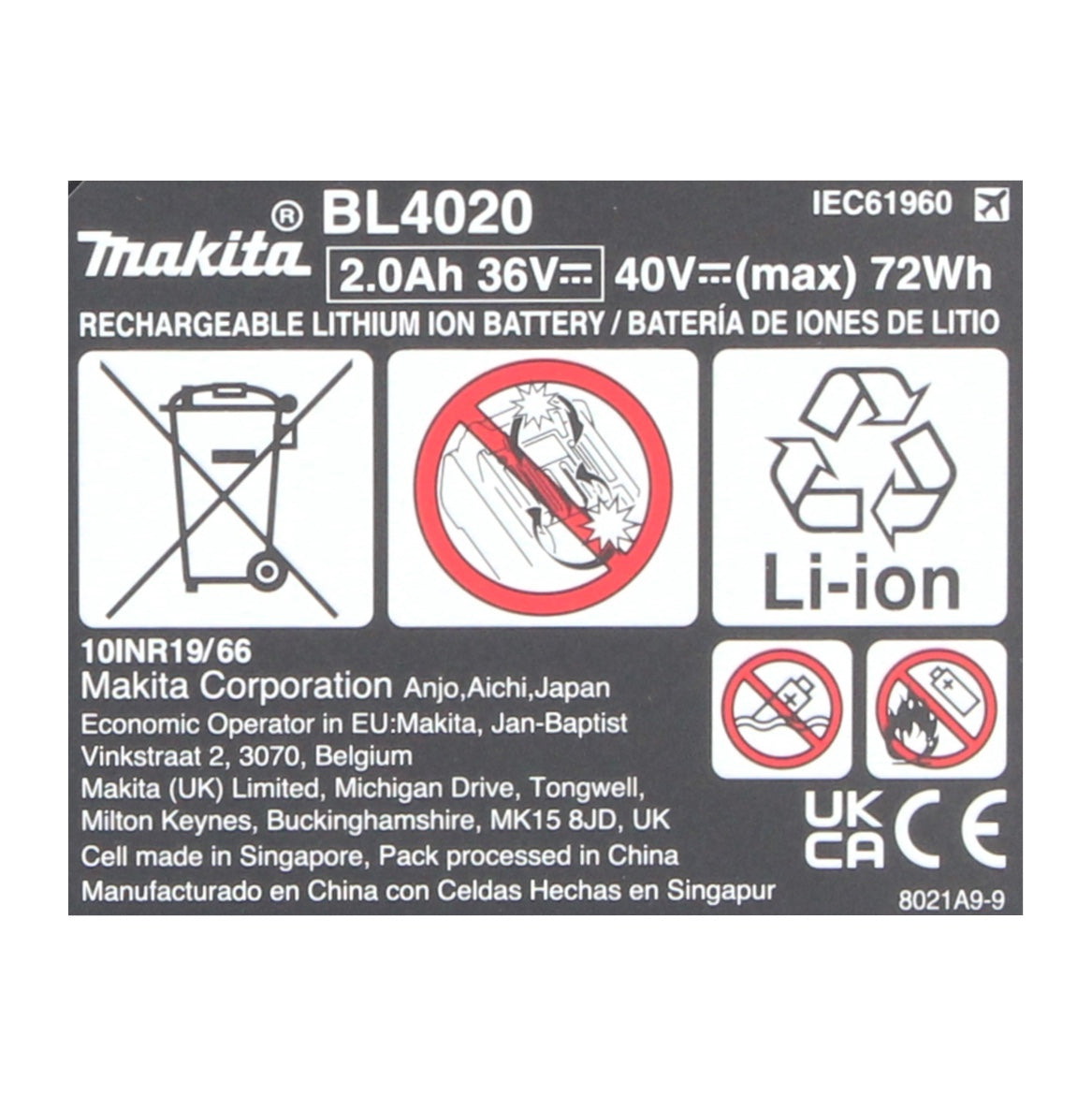 Makita Akku Set 4x BL 4020 Li-Ion Akku 40 V max. 2,0 Ah XGT ( 4x 191L29-0 ) IP64 Schutzklasse mit LED Anzeige