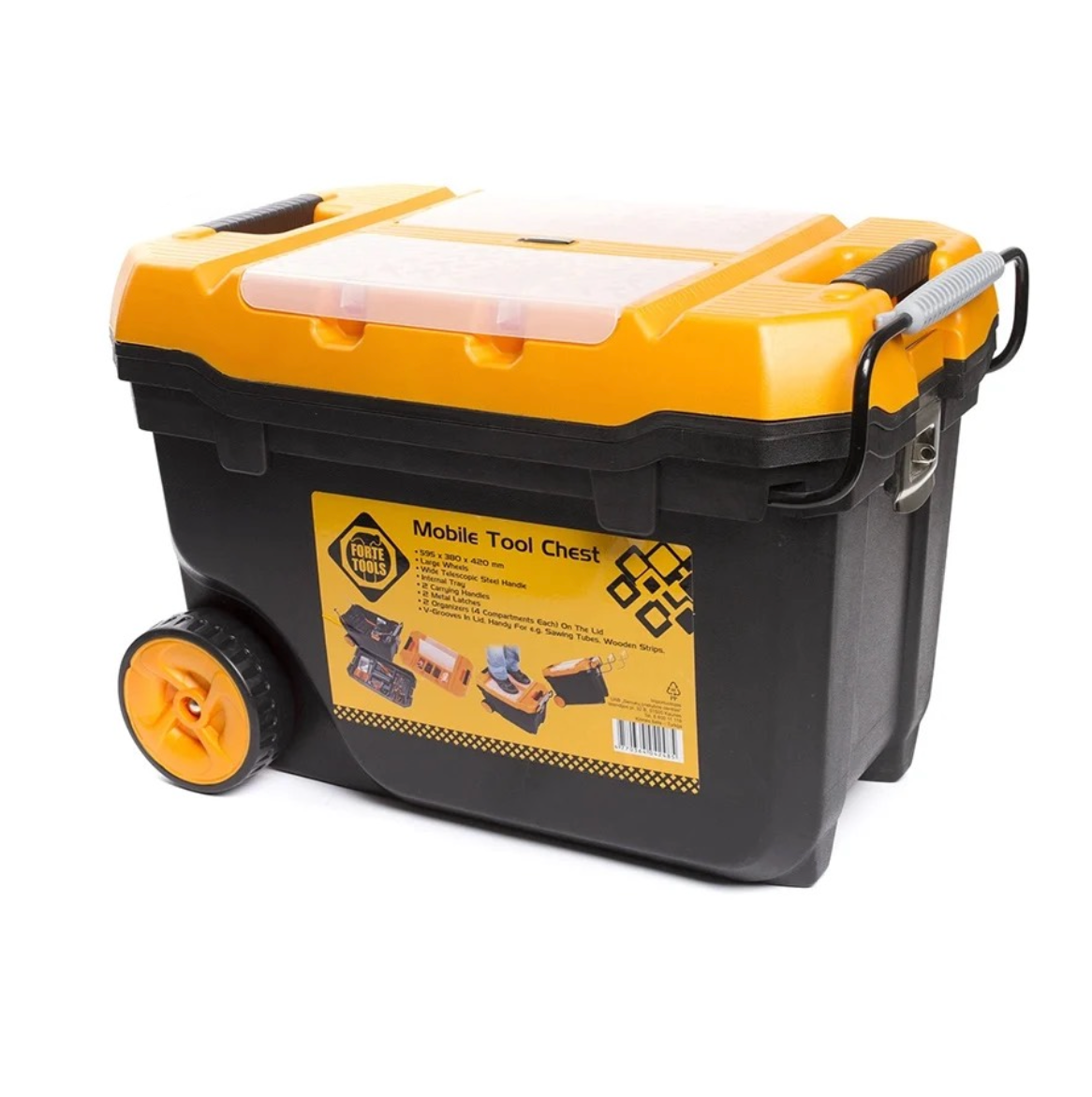 Forte Tools Montagebox mobil, Werkzeugkasten mit Rollen groß in 59,5 x 42 x 38 cm robust mit Metallverschluss und herausnehmbarem Organizer ( 000051144574 )